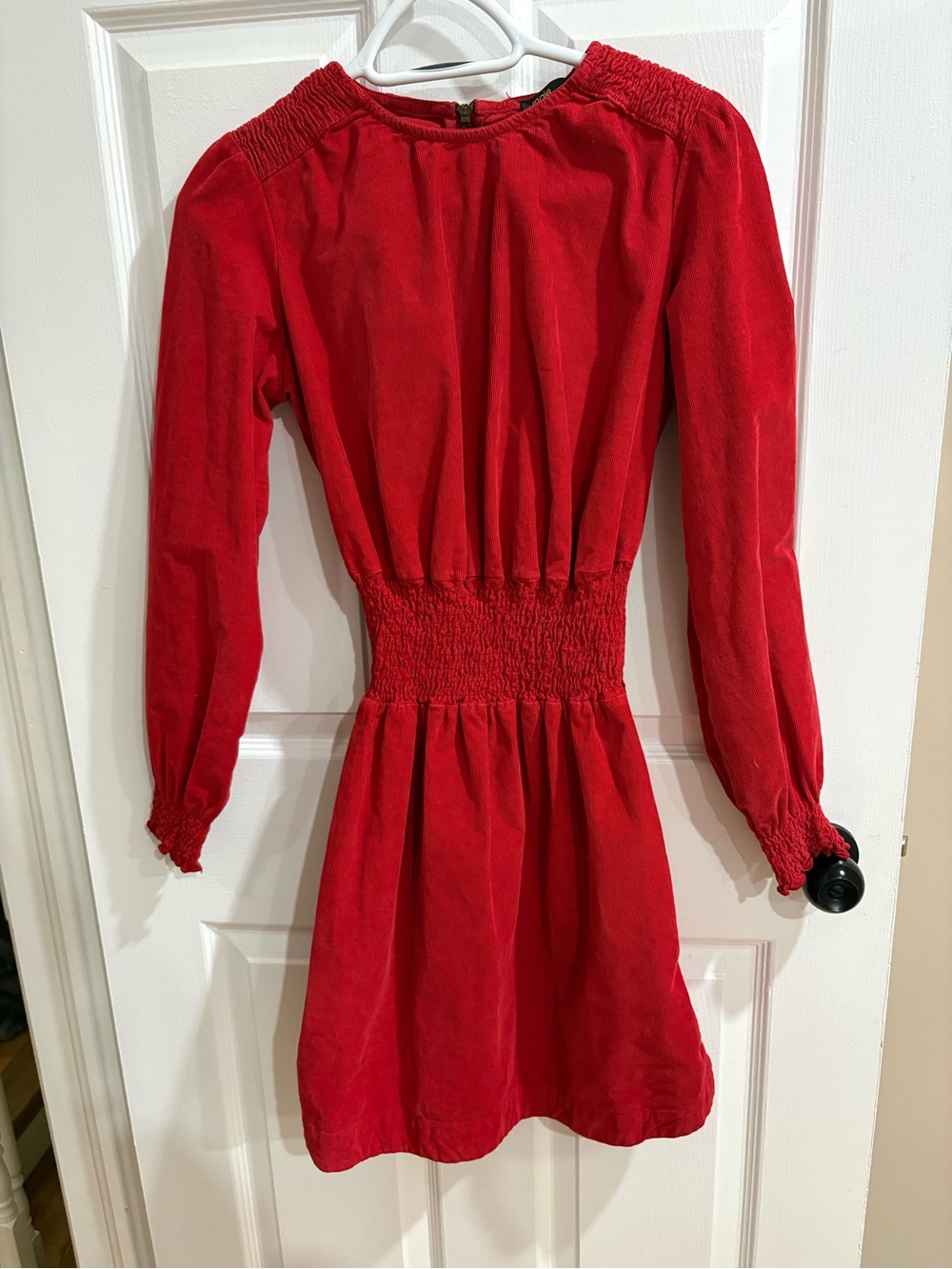 Maje Red Long-Sleeve Smocked-Waist corduroy Midi Dress